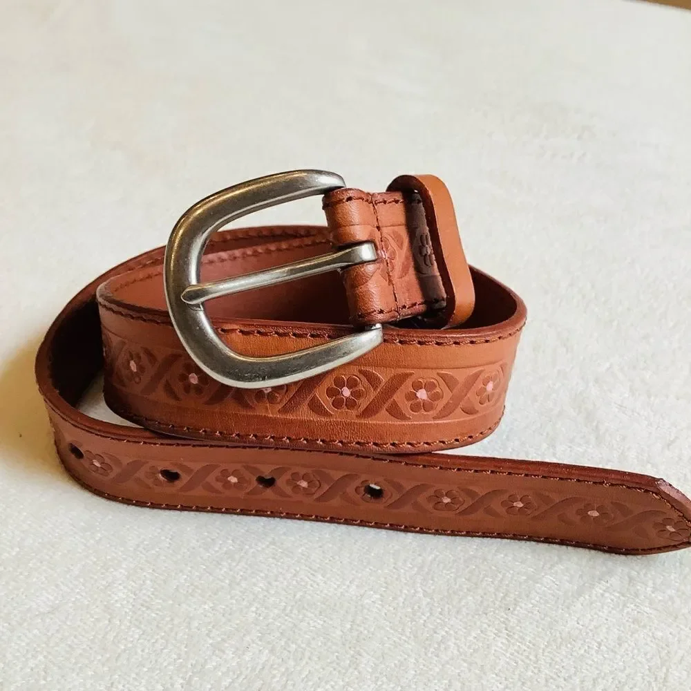 Leather belt embossed flowers detail kids Euc brown hand painted